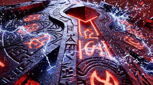 Ancient rune-strewn altar glows red as crackling sigils blaze on dark, jagged stone slabs. aglow now