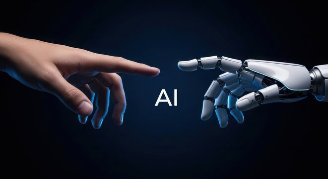 Human hand and robotic hand touching fingertips with AI text - Powered by Adobe