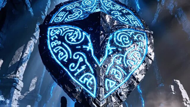 Glowing blue heart shield with rune patterns hovers among jagged icy spires beneath a stormy sky...