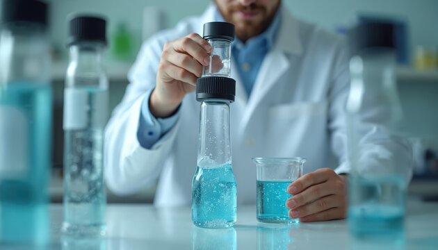 Scientist in lab coat handles flask with blue liquid and bubbles. Researcher tests water quality with equipment and beaker in clean laboratory, doing scientific analysis.