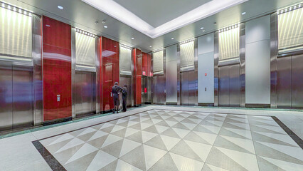 elevator cabins in a business lobby