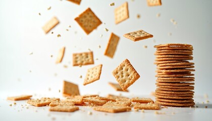 Whole grain seeded crackers tumble and stack on white background. Crisp savory snacks scattered in air, appetizing crispy texture, light studio setting.