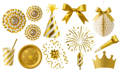 Golden party decoration set with metallic accents and festive celebration elements
