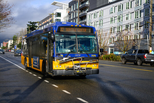 Seattle - December 7, 2025; King County Metro transit bus on city street with destination Seattle Center