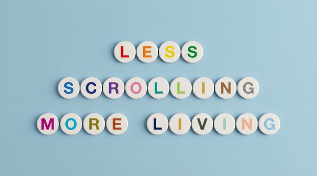 White circular tiles display 'LESS SCROLLING MORE LIVING' in colorful uppercase letters The words are arranged on three horizontal lines positioned centrally against a smooth solid light blue