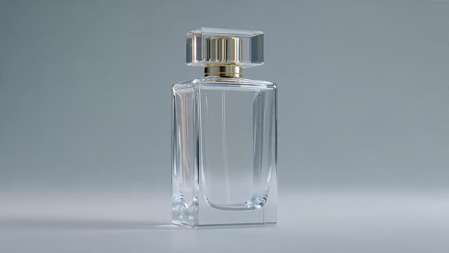 Clear glass perfume bottle with metallic cap on gray background.