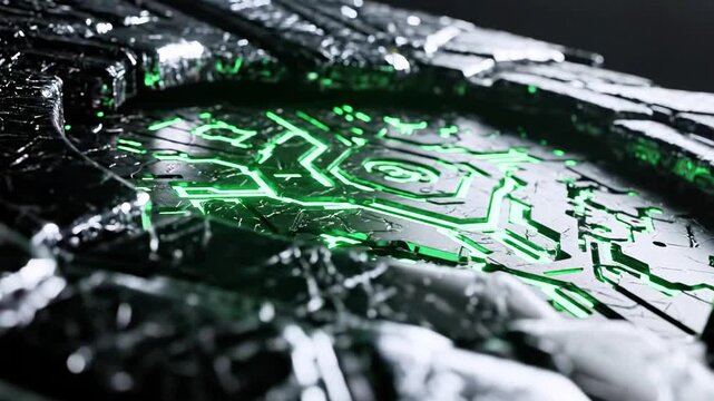 Cracked metallic surface exposing a glowing green circuit matrix beneath shattered futuristic shell