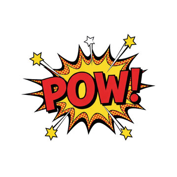 A bold, lichtenstein pop art vector graphic of a jagged yellow explosion shape with red ben-day dots, featuring dynamic red 'pow!' text and starbursts, isolated cleanly on a transparent background.