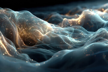 An abstract composition with translucent, wavy layers filled with a soft glow and shimmering particles of light. 