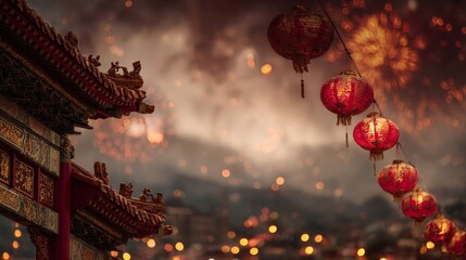 Fototapeta premium Chinese temple gate background with red and gold lanterns floating
