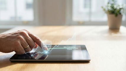 Inflation shield concept on tablet screen with finger pointing at rising economy graph symbolizing wealth transfer and real purchasing power