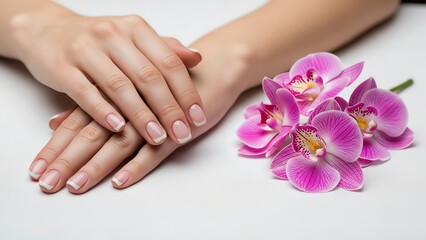 Fototapeta premium Manicured nails with orchid flowers