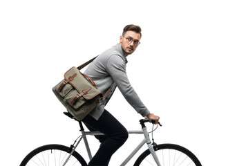 Naklejka premium Young caucasian man in a grey collared shirt and glasses dynamically riding a minimalist white road bike, looking back over his shoulder against a high-key studio background. Concept of sustainable