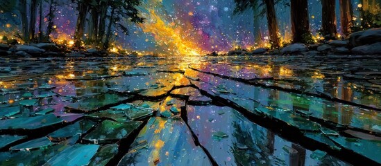 A fantastical forest scene reflects a starry sky on fractured water