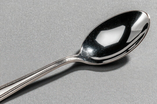 A minimalist still life with a metal tablespoon against a neutral gray background.  
