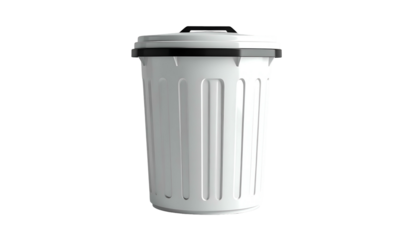 White plastic waste receptacle with black rim and lid on a black background