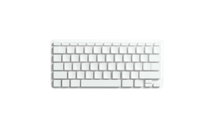 A top-down, isolated view of a white, low-profile keyboard on a black background
