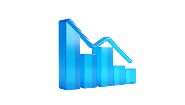 Blue 3D bar chart with downward trend line, isolated on black