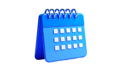 3D rendered, bright blue desk calendar with wire binding against a black backdrop