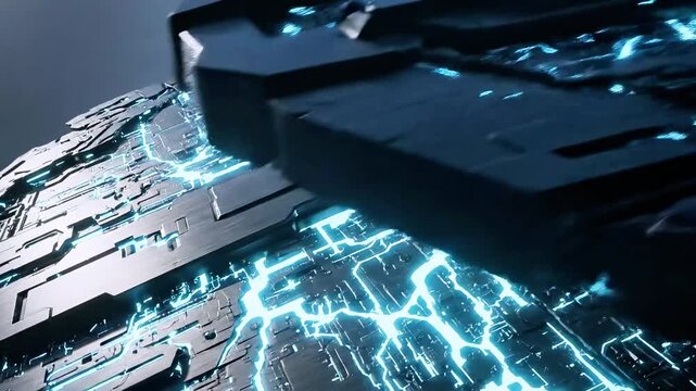 Dark metallic surface with layered plates and glowing electric-blue circuit veins, futuristic sheen