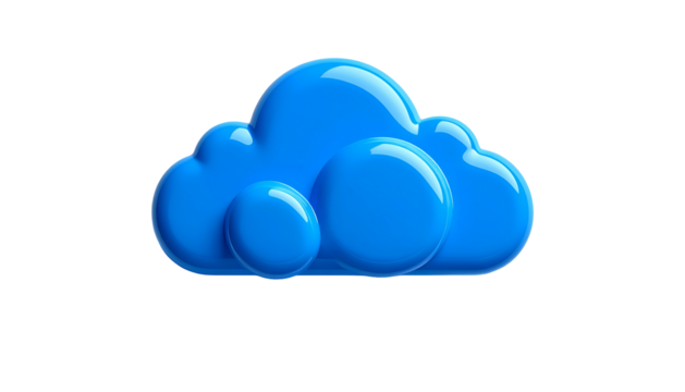 A glossy, vibrant blue cloud with rounded shapes, floating against a stark black background - Powered by Adobe