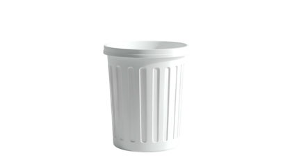 A white cylindrical trash receptacle with vertical lines, rendered on a black background