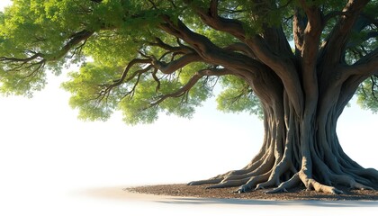 Massive with thick gnarled trunk and sprawling aerial roots reaching towards ground. Lush green foliage forms dense canopy against bright sky. Symbolizes strength endurance and ancient wisdom.