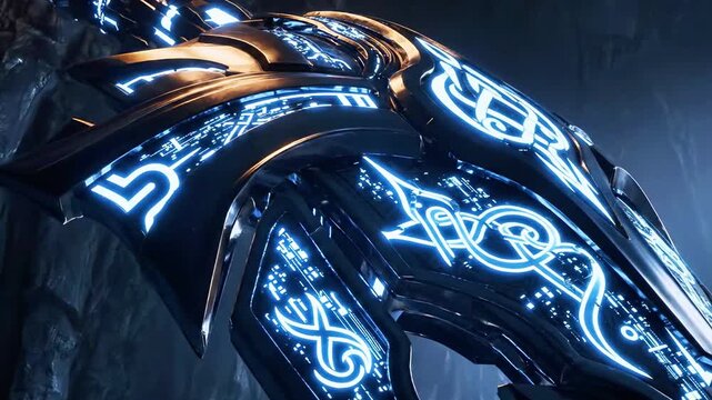 Close-up of a futuristic metallic wing with etched glowing blue sigils and ornate filigree detailing