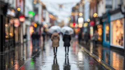 Obraz premium Couple holding hands under umbrellas during rainy evening walk in city with emotional connection. St. Valentines Day romance, love and urban mood concept