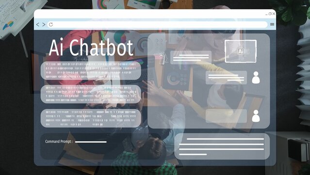 A dynamic office environment featuring a modern AI chatbot interface. The image showcases a diverse team engaged in collaboration and interaction with technology. Raster - Powered by Adobe