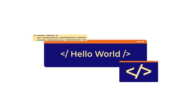 Hello World Programming Concept 2D Animation 4K &ndash; Coding Symbol and Source Code Interface