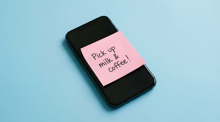 A black smartphone displays a pink sticky note with handwritten text reminding to pick up milk and coffee positioned on a clean blue background reminder todo list handwriting