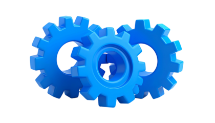 Three blue interlocking gears on a black background, representing teamwork and processes
