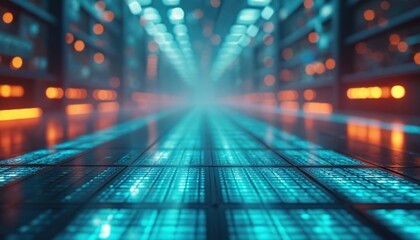 Glowing blue grid floor recedes into dark distance with orange bokeh lights. Futuristic architecture suggests digital data flow or sci-fi tunnel with abstract tech theme.