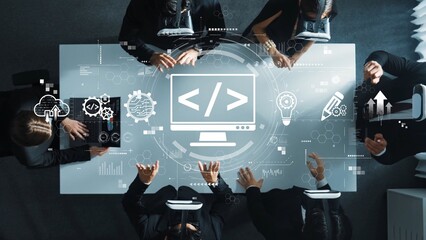 A diverse team collaborates at a modern conference table using virtual reality technology to...