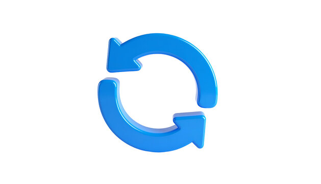 Shiny, light-blue 3D render of a circular arrow symbol against a stark black background