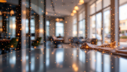 Cozy modern interior with large windows and warm lighting, enhanced by sparkling golden light effects creating magical atmosphere