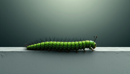 Green caterpillar with black hair walking on gray surface with soft gradient background in close up view