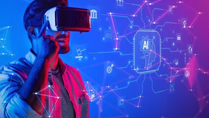 A man wearing a virtual reality headset interacts with digital icons that represent artificial intelligence and technology. The vibrant color scheme emphasizes innovation and creativity. Raster