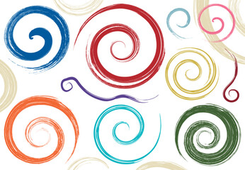 手書き筆タッチの和風ぐるぐるうずまき素材セット/伝統色
