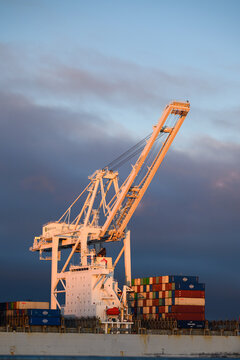 Seattle - December 13, 2025;SSA Terminals industrial crane towers over OOCL Oakland container ship