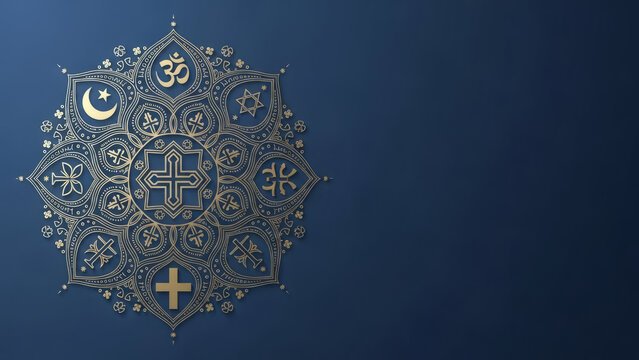 Mandala design featuring religious symbols on dark blue background. This intricate mandala includes diverse symbols representing different faiths,