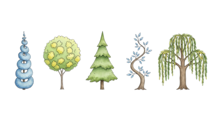 five stylized whimsical watercolor trees in a horizontal row (green, blue, yellow foliage) with fine black ink outlines, isolated on a transparent background. concept of ecological design assets