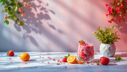 Strawberry smoothie with fresh fruit and green plant on white wooden table under soft natural light creating calm and refreshing mood