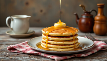 Fluffy stack of golden pancakes topped with melting butter and drizzled with syrup on plate, creating warm and inviting breakfast scene