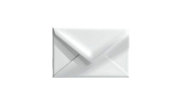 A 3D rendered, white envelope floats against a stark black background, glossy & reflective - Powered by Adobe