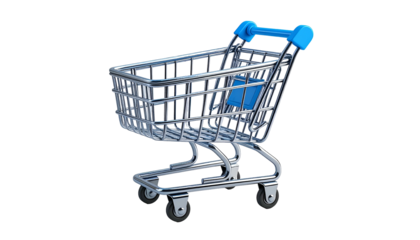 Rendered metal shopping cart with blue accents, isolated on black background
