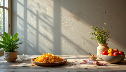 Chopped fruit on wooden plate with fresh fruit bowl and green plant in cozy sunlit kitchen setting