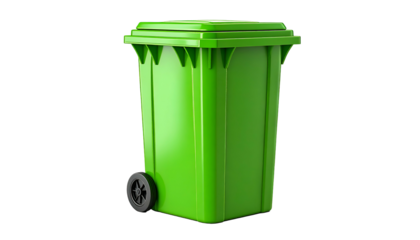 A 3D rendered vibrant green garbage bin with a lid, wheel, and isolated on black