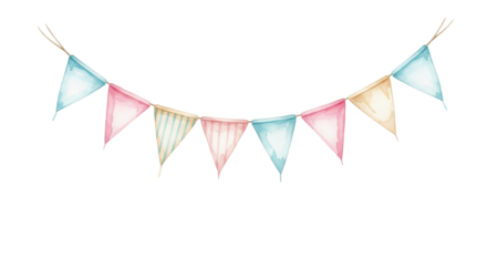 watercolor bunting garland illustration of triangular pastel pink and blue flags on natural twine against a bright white background, charming festive design concept